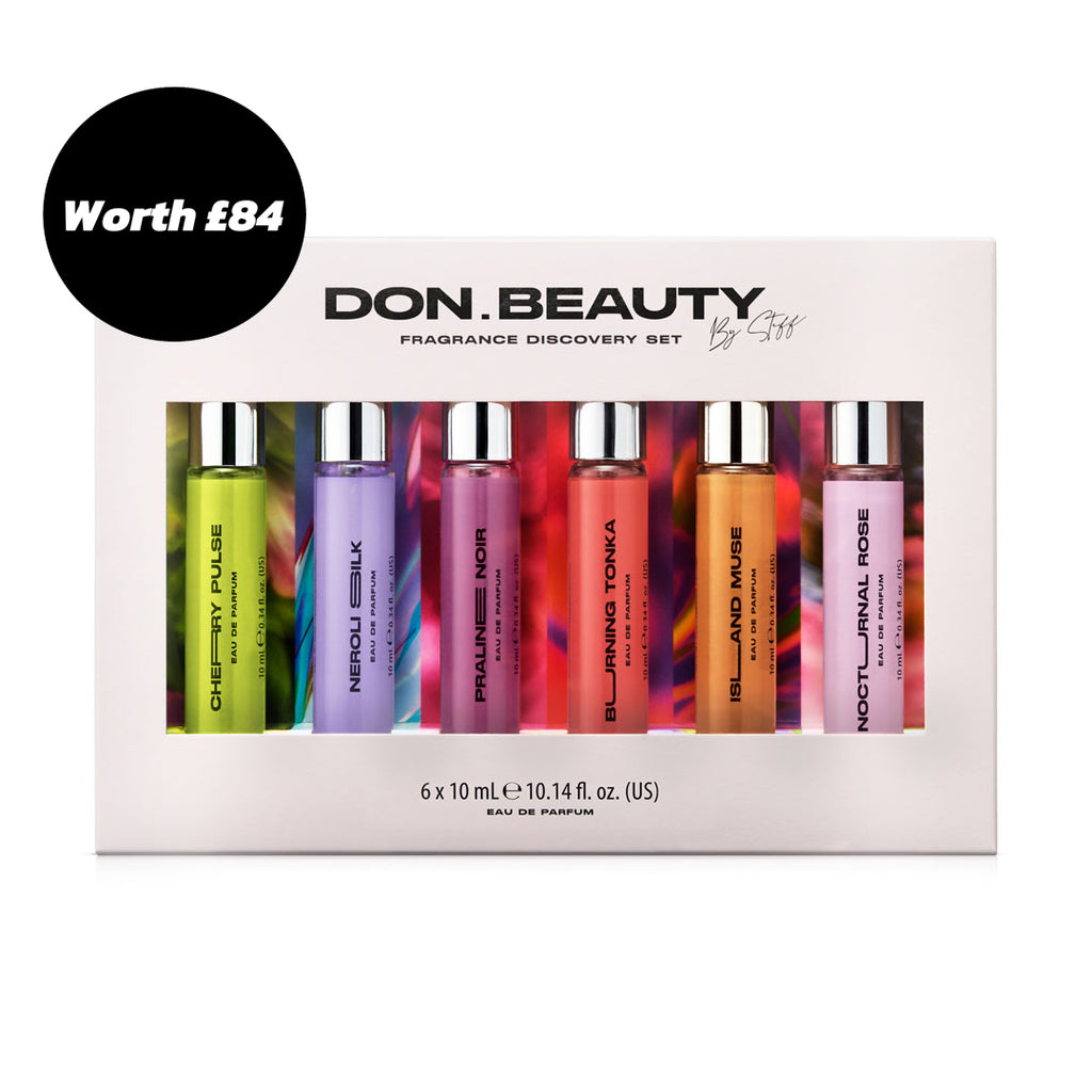 DON. BEAUTY fragrance discovery set packaging with colorful bottles on a white background