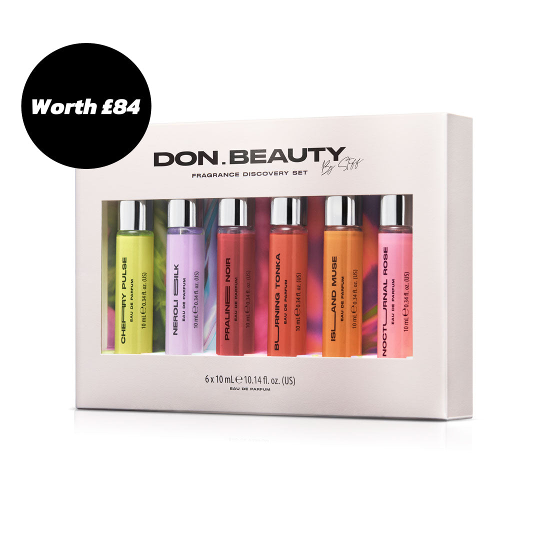 DON. BEAUTY fragrance discovery set with six small bottles in various colors on a white background.