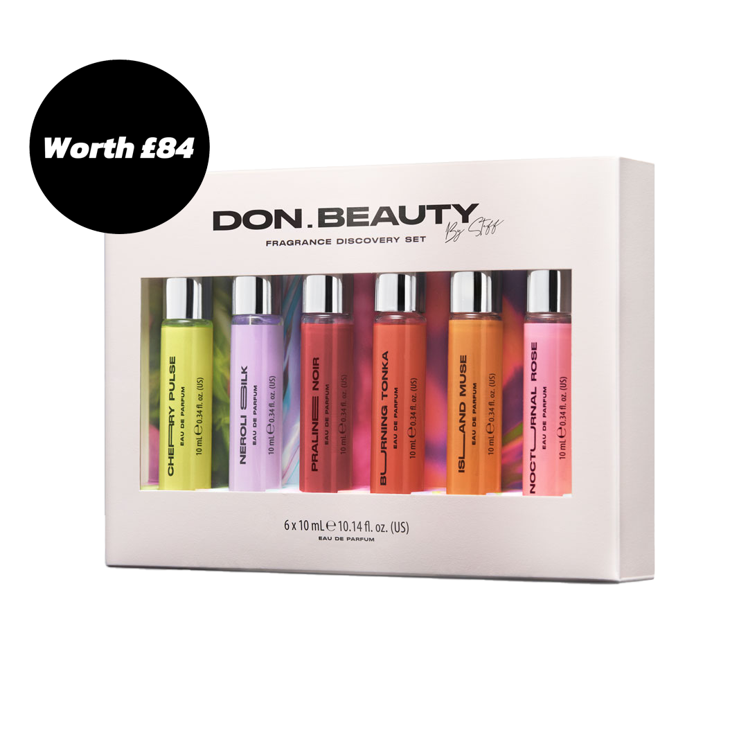 DON. BEAUTY fragrance discovery set with six small bottles in various colors on a white background.