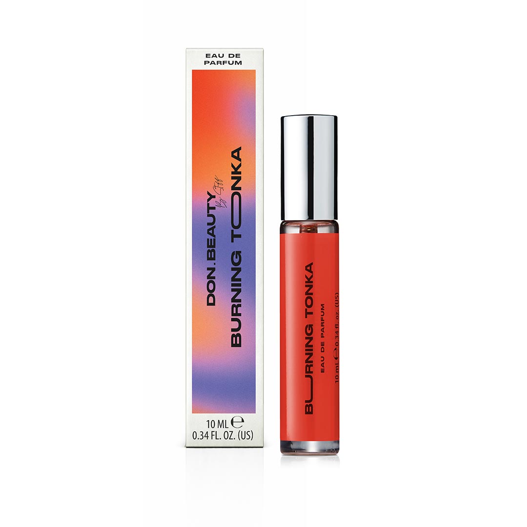 DON.BEAUTY Burning Tonka 10ml perfume bottle next to branded packaging.