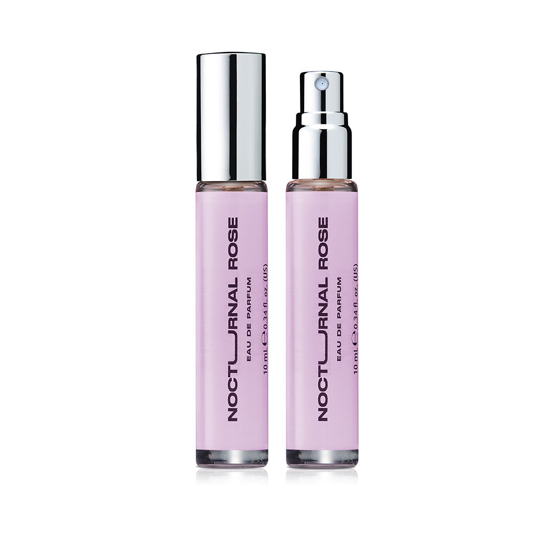 Two bottles of DON.BEAUTY Nocturnal Rose perfume on a white background