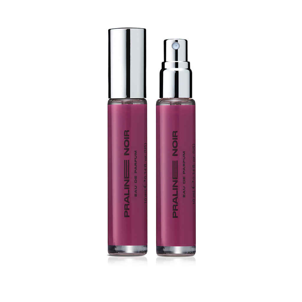 Two DON.BEAUTY Praline Noir perfume bottles on a white background