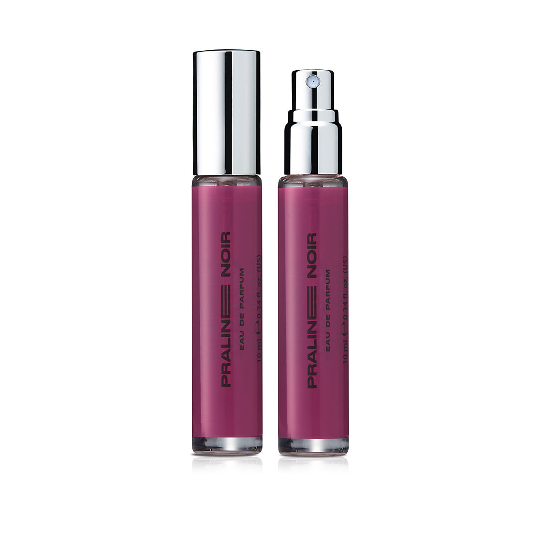 Two DON.BEAUTY Praline Noir perfume bottles on a white background